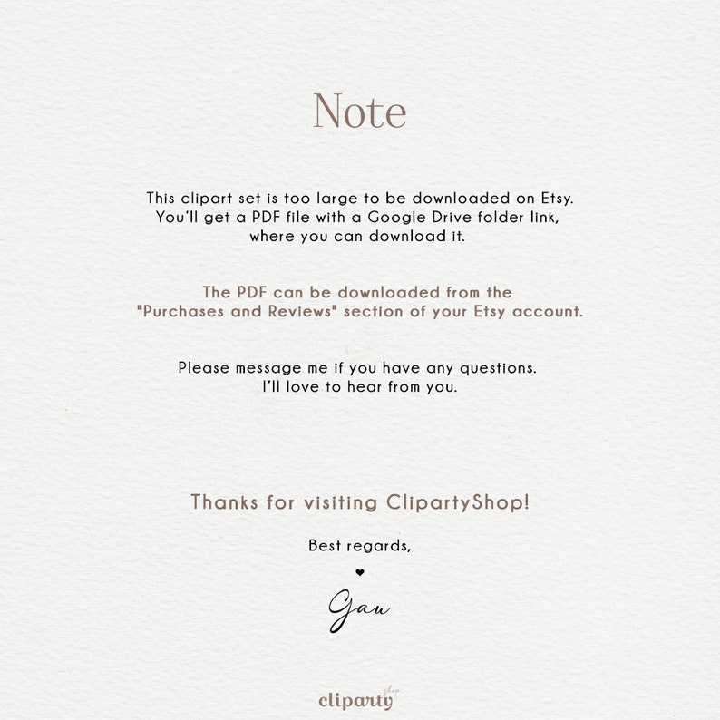 May include: Note: This clipart set is too large to be downloaded on Etsy. You'll get a PDF file with a Google Drive folder link, where you can download it. The PDF can be downloaded from the "Purchases and Reviews" section of your Etsy account. Please message me if you have any questions. I'll love to hear from you. Thanks for visiting ClipartyShop! Best regards, Gau