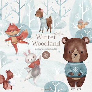 Winter Woodland Animals Clipart, Christmas Woodland, Nursery Art, Baby animals, Watercolor bear fox deer bunny squirrel bird
