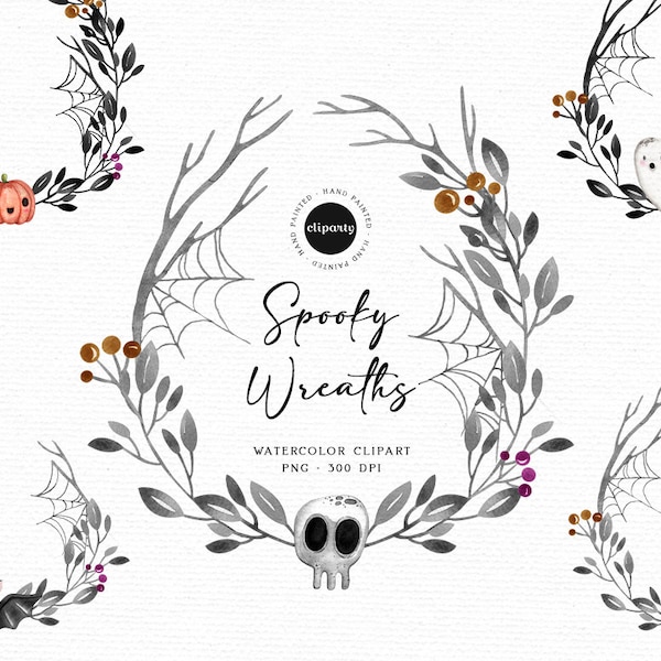 Halloween Wreaths Watercolor Clipart, Halloween Graphics for commercial use, Halloween Download, Spooky Graphics, Halloween Party Clipart