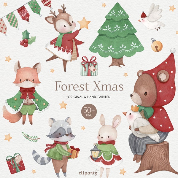 Christmas Watercolor Clipart, Cute Woodland Xmas, Winter Forest PNG, Holidays Graphics