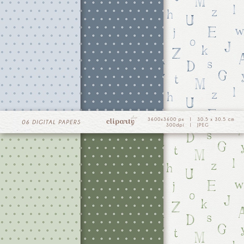 May include: Four digital paper patterns with polka dots in light blue, blue, light green, and green. The patterns are seamless and can be used for scrapbooking, card making, and other crafts.