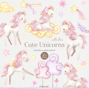 Rainbow Unicorn clipart, Watercolor unicorn png graphics, Planner stickers supply, Digital download, Birthday unicorn invitation design, PNG