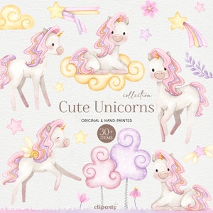 Lindo unicornio de acuarela, pequeño unicornio pintado a mano, descarga digital, fiesta temática de unicornio bebé, imágenes para diseño de invitaciones, PNG