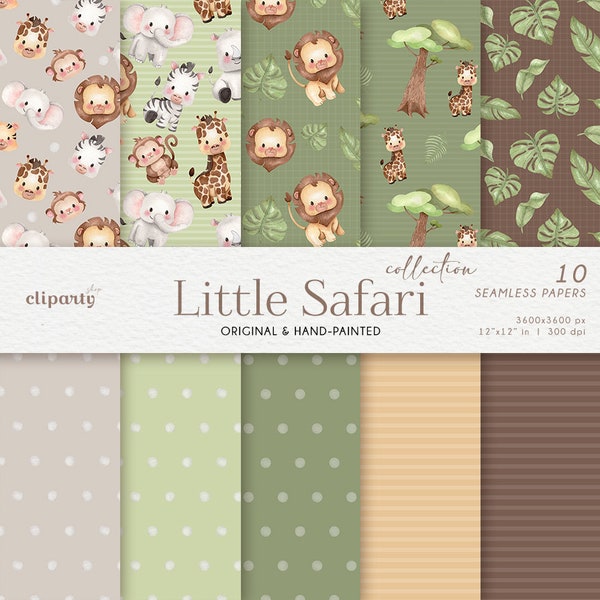 Safari Animals Pattern, Cute Safari Scrapbook Papers, Watercolor Seamless Patterns, Jungle Graphics, Digital Background, Printable Paper