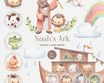 Noah's Ark Clipart, Watercolor Cute Baby Animals, Christian Nursery Decor, Bible Graphics, Religious Clip Art, Handpainted PNG