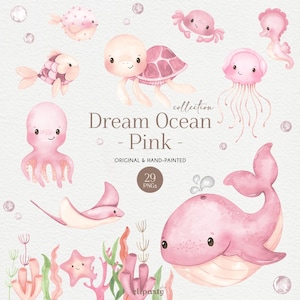 Pink Sea Animals Watercolor Clipart, Handpainted Ocean Baby Animals, Nursery Rose Decoration, Pastel Color Sea Friends, Under the Sea theme