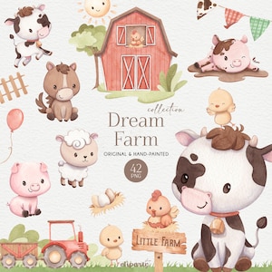 Baby Farm Animals Watercolor Clipart for commercial use, Farm theme birthday, Farm invitation design, Nursery farm decoration