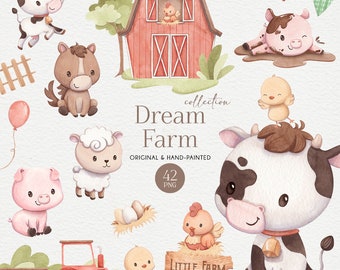 May include: A watercolor illustration set featuring a collection of cute farm animals, including a cow, pig, sheep, horse, and chickens. The set also includes a red barn, a fence, a tractor, and a sign that says "Little Farm".