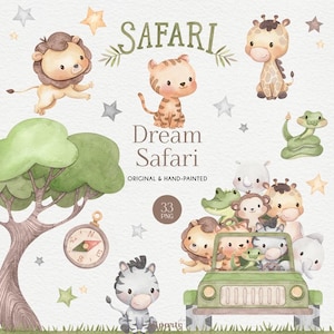 Clipart di animali safari dipinti a mano, safari nella giungla dell'acquerello, arte dell'asilo nido per baby shower, arte dell'ancella, decorazioni per il compleanno del bambino