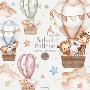 Safari animals hot air balloon clipart, Safari baby shower, Safari Nursery decor, Safari invitation clipart, Jungle animals clipart