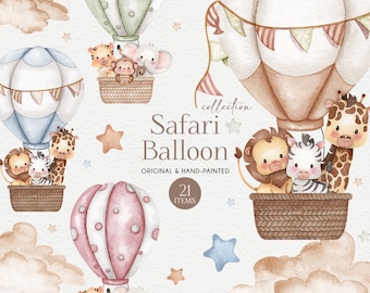 Safari animals hot air balloon clipart, Safari baby shower, Safari Nursery decor, Safari invitation clipart, Jungle animals clipart