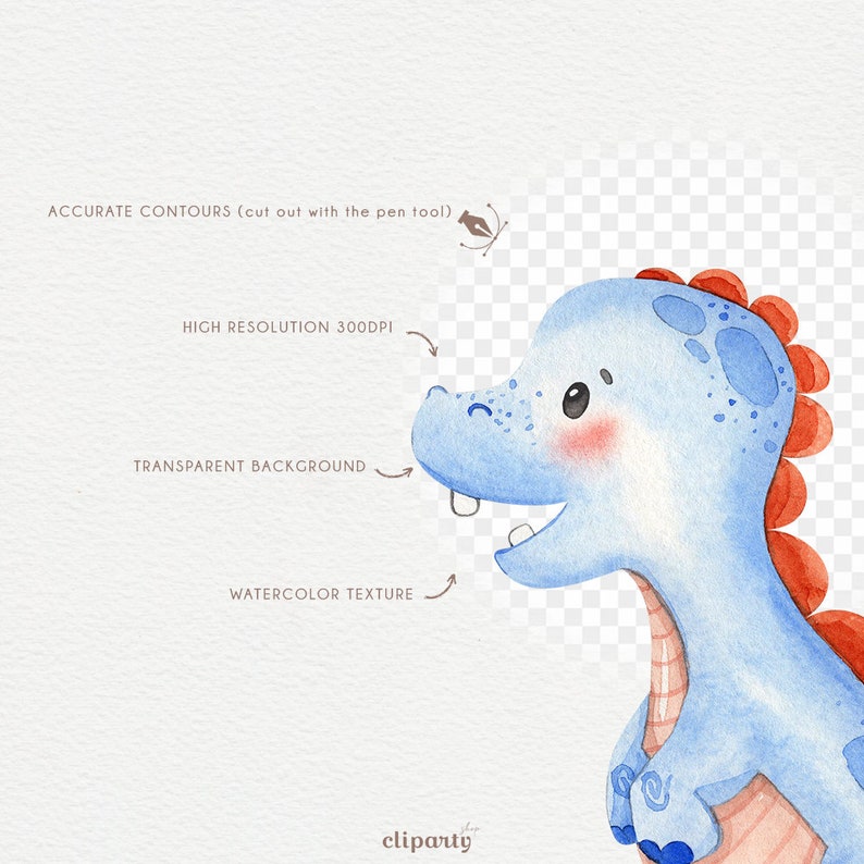 May include: A watercolor illustration of a blue dinosaur with red accents. The dinosaur is smiling and has a friendly expression. The illustration has a transparent background.