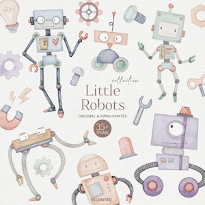 Cute Robots Clipart, Watercolor Robotic cliparts, Boys PNG for Scrapbooking and Nursery Party Decorations, Handpainted clipart for Kids