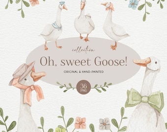 Handpainted Goose Clipart, Cottagecore Watercolor Geese, Baby Shower Nursery Art, Silly Goose, Handmaid Art, Decor for Baby Room