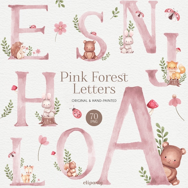 Woodland Pink Alphabet Watercolor Clipart, Animal Letter clipart, Cute watercolor alphabet for Invitation design, Blush pink Craft Supplies