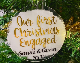 First Christmas Engaged Tree Ornament, Handmade Personalised Gift, Custom Holiday Decoration, Festive Keepsake, Newly Engaged Memento