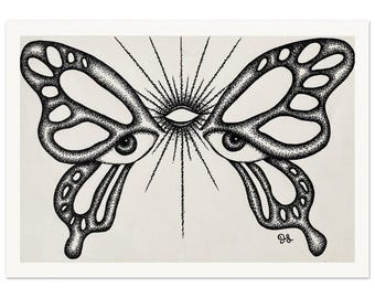 Metamorfosis – Impresión giclée de mariposa surrealista / Ilustración simbólica mística / Arte mural femenino oscuro / Edición abierta de 8x12