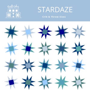 Może przedstawiać: Wzór na kołdrę zatytułowany "STARDAZE" z jasnoniebieskim tłem. Wzór przedstawia siatkę w kształcie gwiazd w różnych odcieniach niebieskiego i zielonego. Tekst "Crib & Throw Sizes" znajduje się nad wzorem gwiazdy. Słowa "Fat Quarter Friendly" są w okręgu.