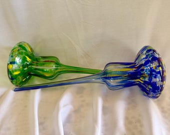 Hand-blown mushroom glass hydro watering globes set of two
