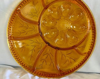 vintage Indiana Glass amber pressed glass divided serving platter