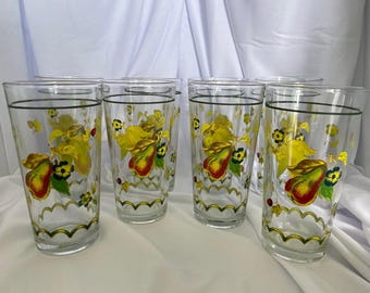 Vintage KIG Indonesia Glassware Glass Tumblers Pears Flowers 14 oz. Set of 8
