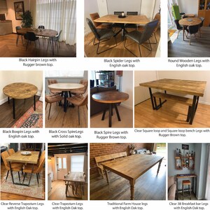 May include: A collection of wooden tables with various leg designs, including hairpin, spider, boxpin, and spire legs. The table tops are made of English oak and rugger brown wood. Some tables have a bench. The tables are suitable for dining or as a breakfast bar.