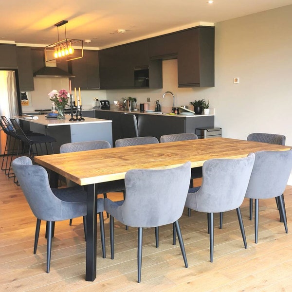 Rustic industrial dining table, 2" / 45mm solid wood and steel legs.