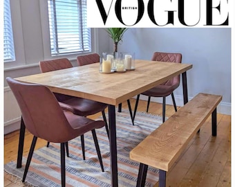 Extending rustic dining table as featured in Vogue 2023 stylish interiors. Handmade to order.
