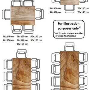 May include: Diagram of standard table seating arrangements. Includes rectangular and square tables with various chair configurations. Dimensions are provided in centimeters. Text reads "For illustration purposes only."