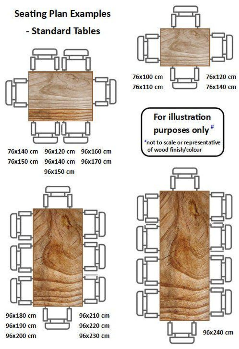 May include: Diagram of standard table seating arrangements. Includes rectangular and square tables with various chair configurations. Dimensions are provided in centimeters. Text reads "For illustration purposes only."