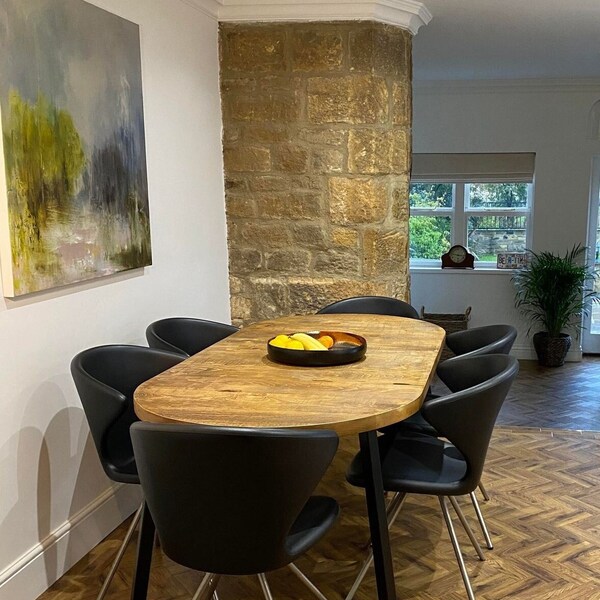 Oval Dining Table, Extending rustic chunky 2"/45mm solid wood & steel.