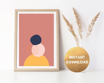 Mid-Century Boho Abstrakt Art Print - (Digitaler Download) modernes minimalistisches Wanddekor, rosa, gelb & dunkelblaues abstraktes Poster