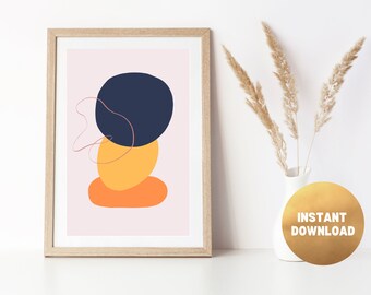 Abstract Boho Stacking Shapes Art Print, Mid Century Modern (Digital Download) Pink, Yellow and Navy Printable, Minimalist Wall Decor