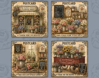 Vintage Flower Shop Postcard Coaster PNG Set, 4x4 Inch Square Coaster Designs, Floral Coasters, Garden Gift Digital Download