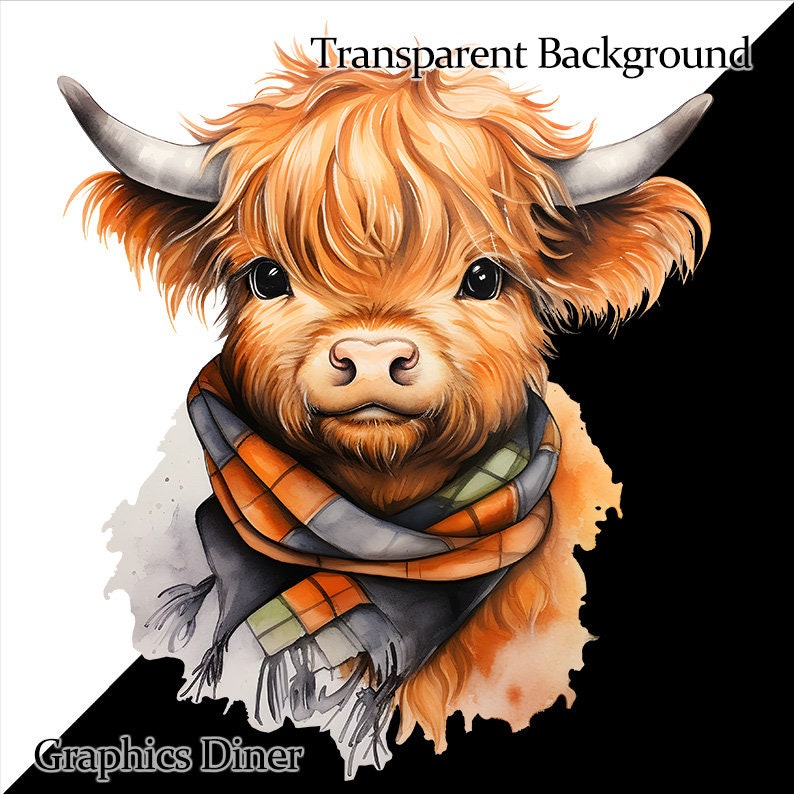 Baby Highland Cow Watercolor Clipart: Fall Scarf PNG (digital Download ...