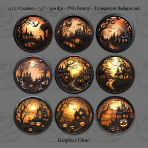 Halloween-Schattenbox-Szene: Auto-Untersetzer-Sublimations-PNG-Designs, Set mit 9 Designs