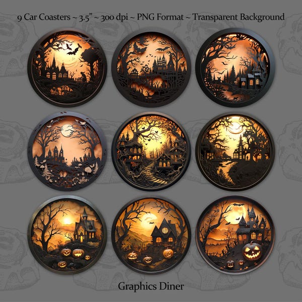 Halloween-Schattenbox-Szene: Auto-Untersetzer-Sublimations-PNG-Designs, Set mit 9 Designs