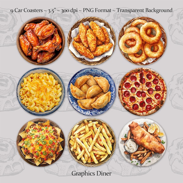 Foodie Coasters Car Coaster Designs PNG Transparent Background 3.5 Inch 300 DPI Pizza Wings Nachos Fries Onion Rings Circle Designs
