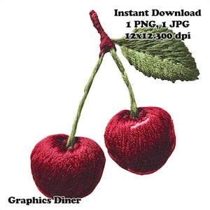 Cherries Faux Embroidery Sublimation PNG Commercial Use Sublimation Design 12 x 12 300 DPI Transparent Background Faux Embroidered Fruit PNG