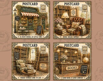 Juego de posavasos PNG con diseño de postal de librería vintage, 4 diseños cuadrados de 4 pulgadas, posavasos acogedores para biblioteca, regalo para amantes de los libros (descarga digital).