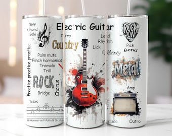 May include: A white tumbler with a colorful graphic of an electric guitar and musical notes. The tumbler has the words "Electric Guitar" and "Country" printed on it. The tumbler also has a list of guitar techniques and tabs printed on it.