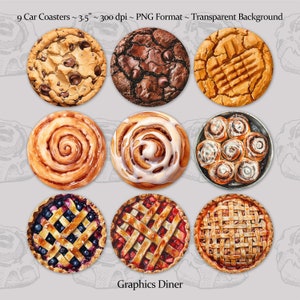 Peut inclure: Neuf dessous-de-verre ronds de 3,5 pouces illustrant différents aliments. Les dessous-de-verre comprennent un cookie aux pépites de chocolat, un brownie, un cookie au beurre de cacahuète, un pain à la cannelle, une assiette de pains à la cannelle, une tarte aux myrtilles, une tarte aux pommes et une tarte aux noix de pécan. Les dessous-de-verre sont imprimés sur un fond transparent.