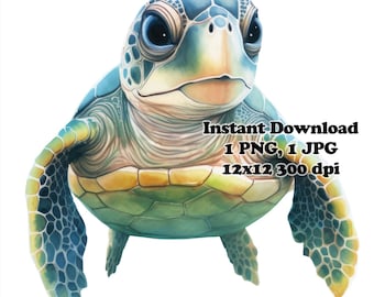 Diseño PNG de tortuga marina para sublimación, uso comercial, 12 x 12 pulgadas, 300 DPI, fondo transparente, acuarela.