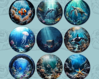 Diseños PNG de posavasos para coche con escena submarina: Juego de 9 (descarga digital)