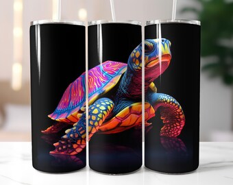Neon Turtle 20 Oz Tumbler Wrap Sublimation Design Commercial Use 9.3x8.2 Inches 300 Dpi Black Background Tumbler Design