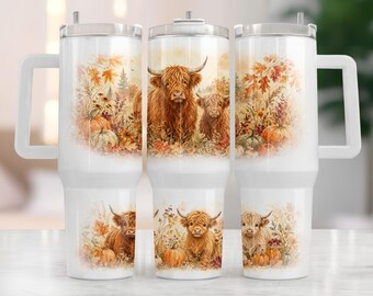 Autumn Highland Cow 40oz Tumbler Wrap Fall Pumpkin Watercolor Highland Cattle Sublimation PNG Digital Download