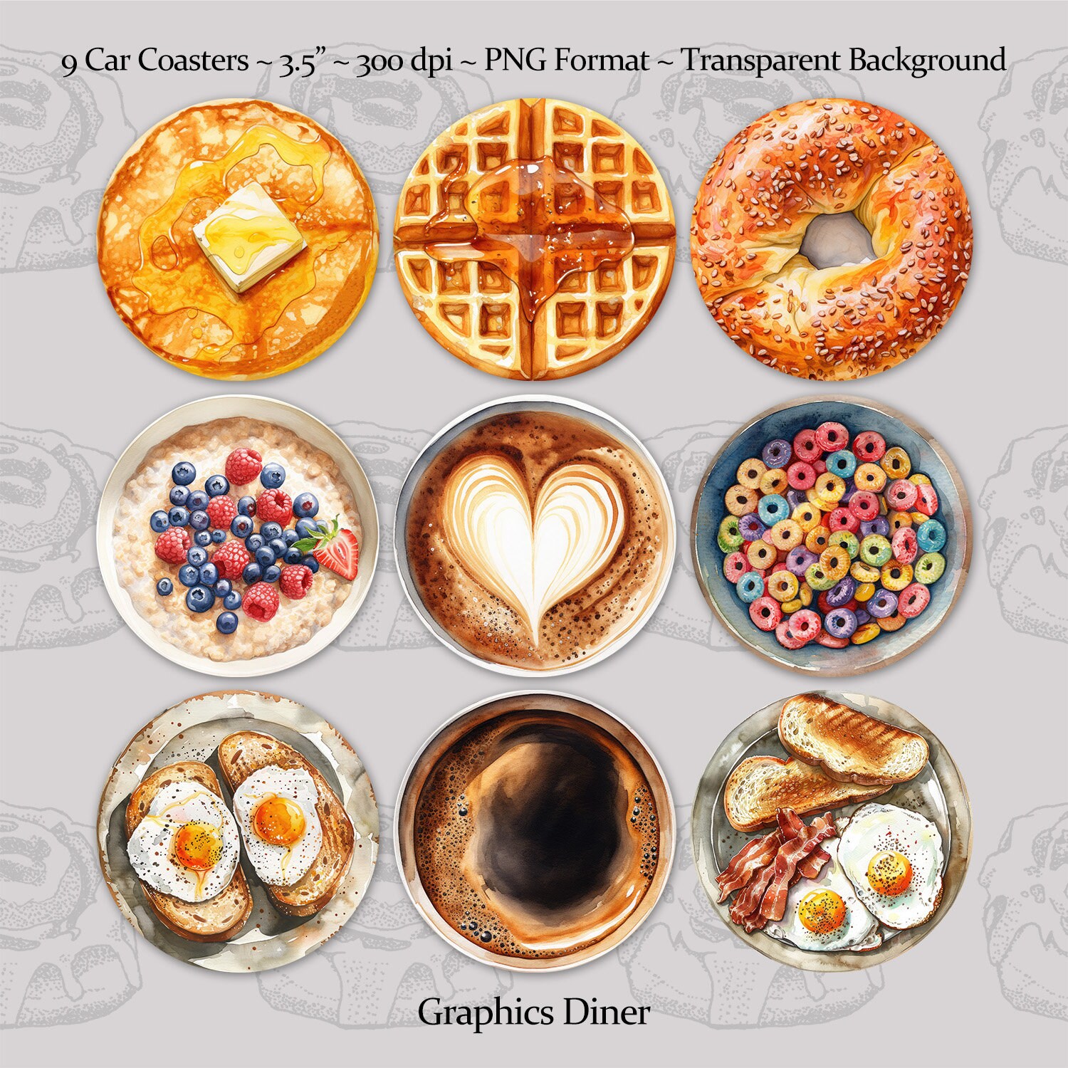 Breakfast Food Car Coaster Designs PNG Transparent Background 3.5 Inch 300 DPI Sublimation Coasters Commercial Use Set Of 9 Food Car Coaster