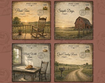 Life on the Farm Square Coaster PNG Set Vintage Farm Postcard Coasters 4x4 Inch Printable Sublimation Digital Download