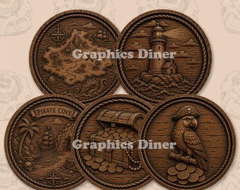 Pirate Car Coaster PNG Bundle Set 2, Nautical Wood Engraved Coaster Designs, Lighthouse, Pirate Cove, Treasure Chest