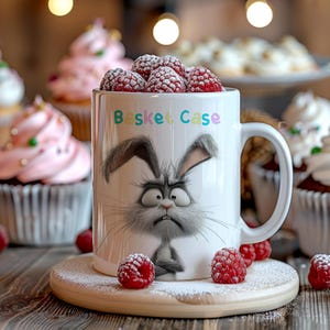 May include: White ceramic mug with a cartoon bunny rabbit illustration and the text "Basket Case". The mug is filled with red raspberries and powdered sugar.